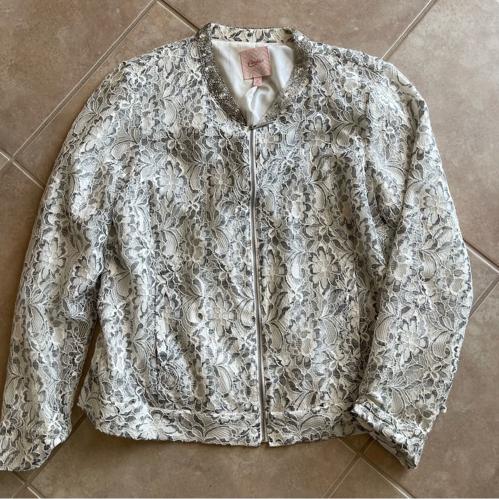 Candie's Floral Lace Bomber Jacket with Silver Accents Size XL
